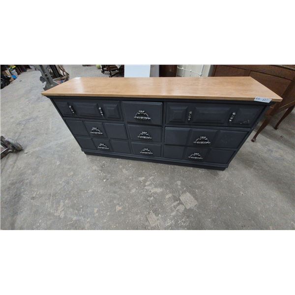 Black Dresser / Cupboard with Wood Top and 9 Drawers, Silver Handles