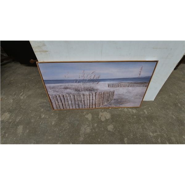 Framed Beach Scene Painting with Lighthouse, Ocean, and Sand Fences. 39”×20”