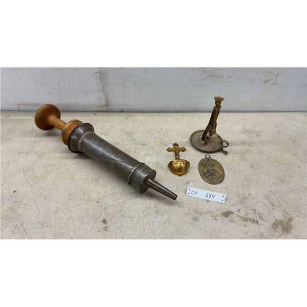 Vintage Sausage Stuffer, Brass Travel Candlestick, and Holy Water Font