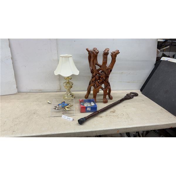 Brass Table Lamp With Cream Scalloped Fabric Shade, 19” High, Butterfly Display, Wooden Plant