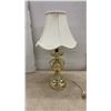 Image 2 : Brass Table Lamp With Cream Scalloped Fabric Shade, 19” High, Butterfly Display, Wooden Plant