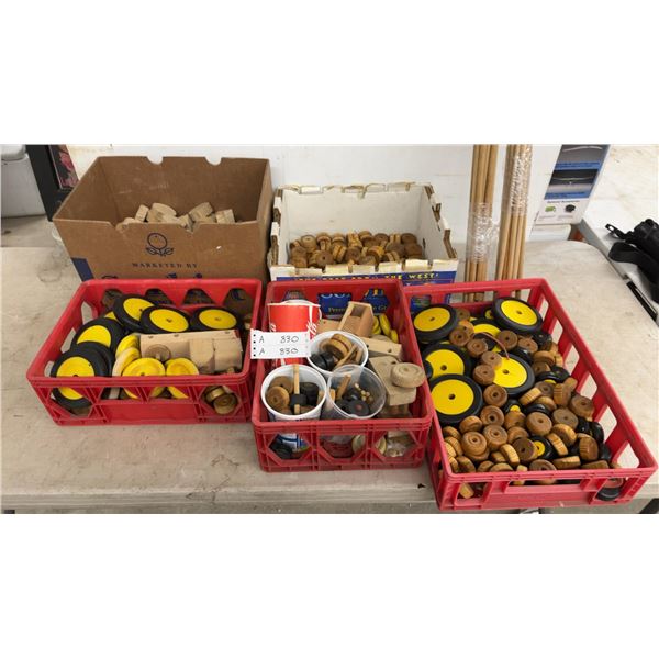 Large Lot of Wooden Toy Parts: Wheels, Axles, and Blocks