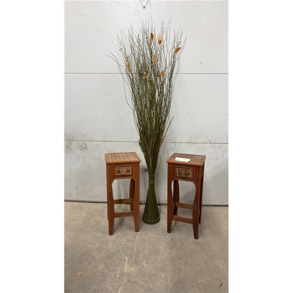 Pair of Wooden Side Tables With Woven Rattan Inlay Tops and Single Drawers, 23 × 10 × 10” and Faux
