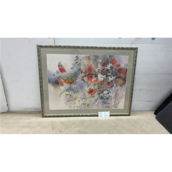 Framed Watercolor Print "Overgrown Garden" by Brent Haughton, Floral With Butterfly, Silver Frame