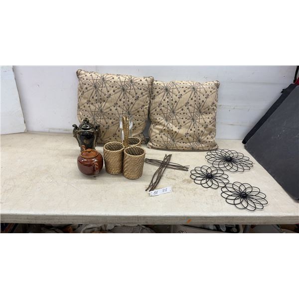 Woven Rattan Three-Compartment Caddy, Decorative Pillows, Teapots, Metal Wall Flowers