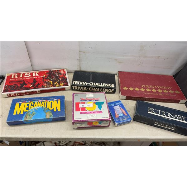 Vintage Board Game Lot: Parker Risk, Meganation, Trivia-Challenge, Poleconomy, Pictionary