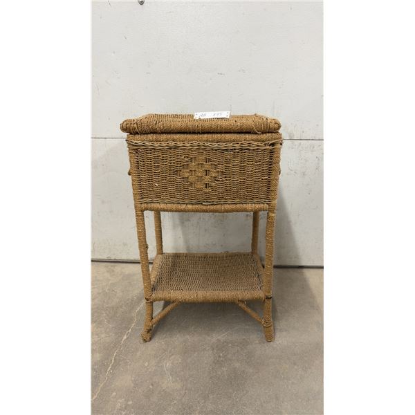 Vintage Woven Wicker Sewing Basket Stand with Hinged Lid and Lower Shelf