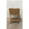 Image 1 : Vintage Woven Wicker Sewing Basket Stand with Hinged Lid and Lower Shelf