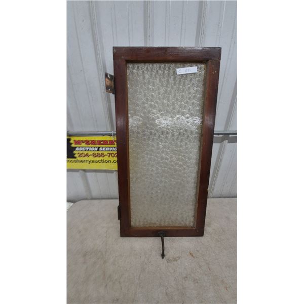 Wood-Framed window with Patterned Glass, Hinges, and Hook. 18”×36”