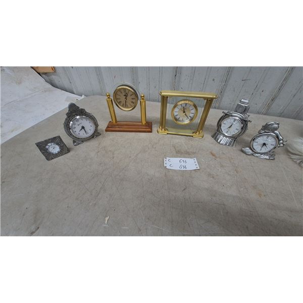 Assorted Desk Clocks: 2” Seagull" Metal Train and Bear Clocks, 2 Brass and Glass Clocks