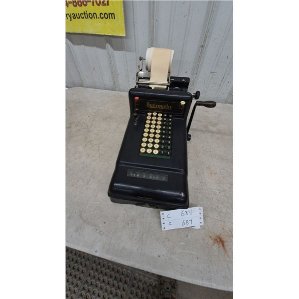 Burroughs Adding Machine with Paper Roll and Crank Handle