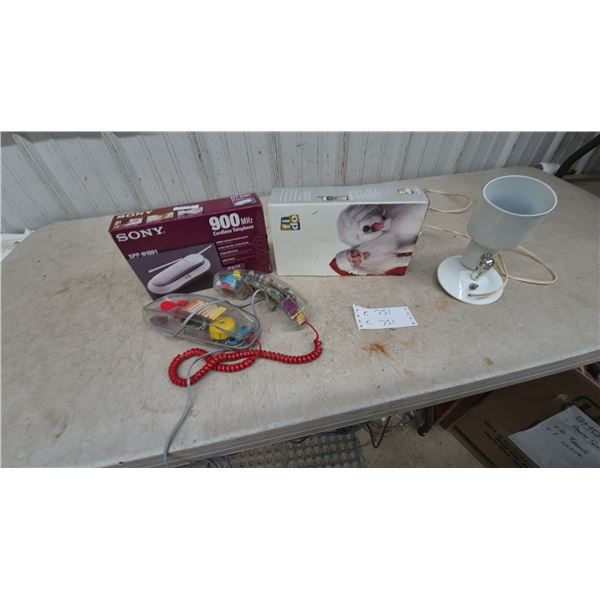 Sony 900MHz Cordless Telephone SPP-N1001, Fido Mitsubishi G310 Cell Phone, Clear Phone, and Lamp