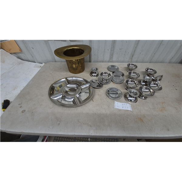 Brass Top Hat Ice Bucket, Divided Serving Tray, and Assorted Stainless Steel Bowls and Plates
