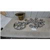 Image 1 : Brass Top Hat Ice Bucket, Divided Serving Tray, and Assorted Stainless Steel Bowls and Plates