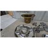 Image 5 : Brass Top Hat Ice Bucket, Divided Serving Tray, and Assorted Stainless Steel Bowls and Plates
