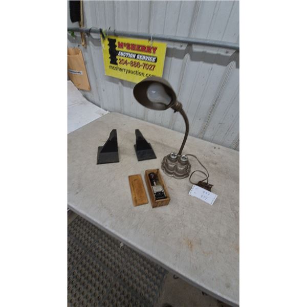 Vintage Desk Lamp with Inkwell, Cast Iron Bookends, and Boxed Rubber Stamp Set