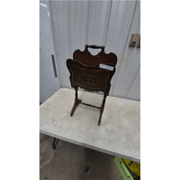 Vintage Wooden Magazine Rack with Handle, Inlaid Design, and Turned Legs