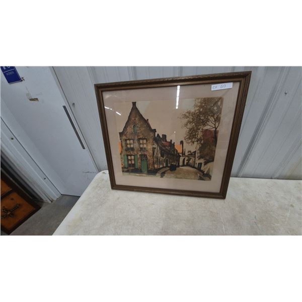 Framed Print of European Street Scene, Signed “Satira Cely,” 29”×30”