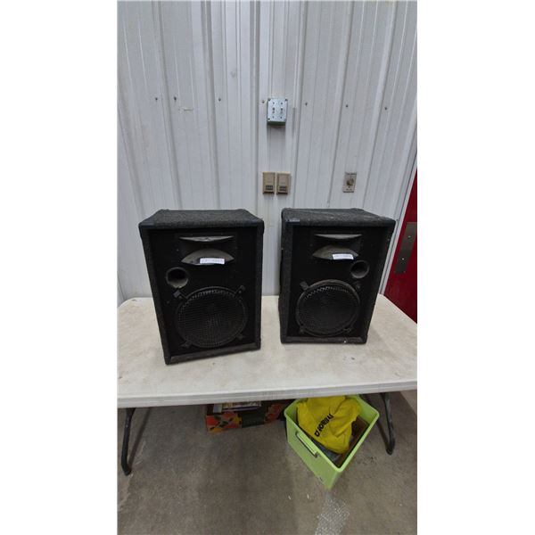 Pair of Black Carpeted PA Speakers with 8” Woofers and Horn Tweeters