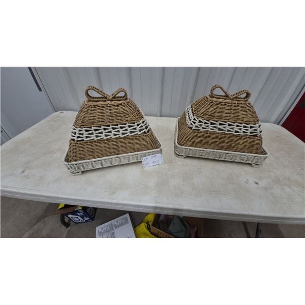 Two Woven Rattan Food Domes and Two Woven Rattan Trays