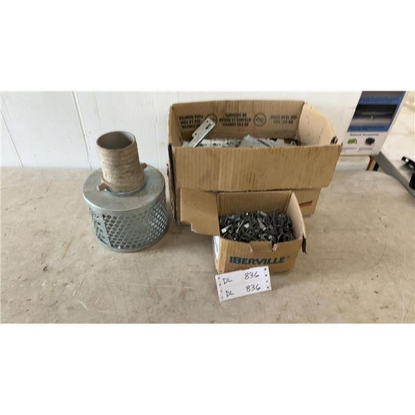 Lot of Metal Brackets, Clips, and Strainer