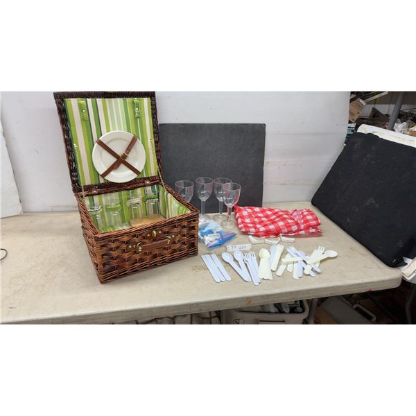 Wicker Picnic Basket Set with Plate, Wine Glasses, Cutlery, Blanket, Cheese Board