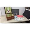 Image 1 : Wicker Picnic Basket Set with Plate, Wine Glasses, Cutlery, Blanket, Cheese Board