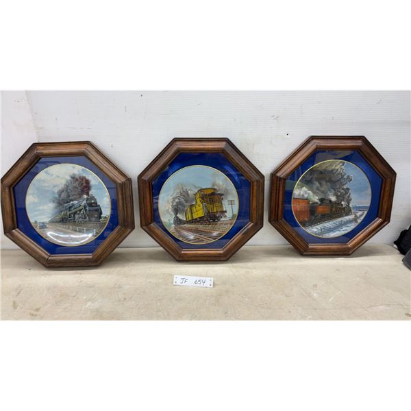 Three Christian Bell Porcelain "The Age of Steam" Wood Framed Plates by Ted Xaras