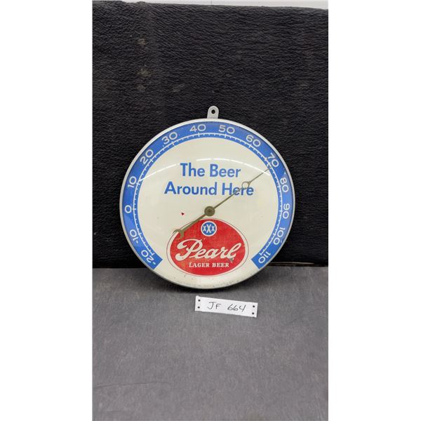 Vintage Pearl Lager Beer "The Beer Around Here" Round Wall Thermometer by Pam Clock Company, 12”