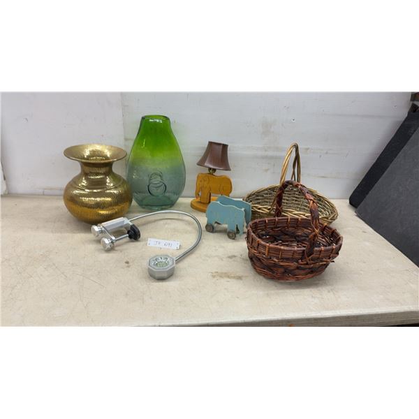 Gooseneck LED Clamp Light, Brass Vase, and Elephant Lamp