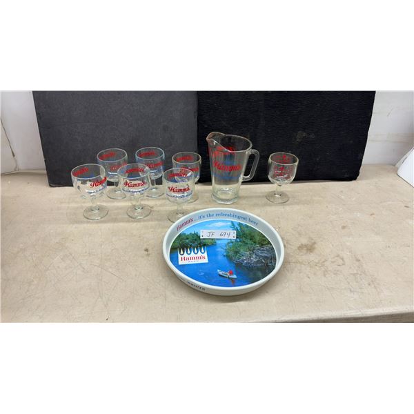 Hamm's Beer Glass Pitcher, Stemmed Goblets, Serving Tray, and Budweiser Goblet