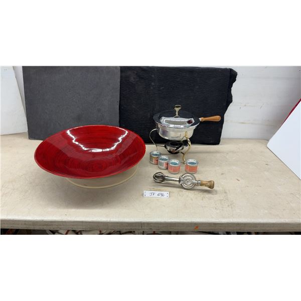 Chafing Dish With Sterno Fuel Cans, Pampered Chef Baking Stone, Vintage Hand Crank Egg Beater