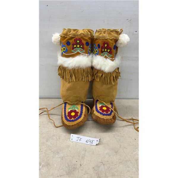 Handmade Nelson House Beaded Suede Mukluks with Fur Trim and Fringe