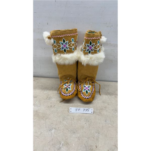 Handmade Nelson House Beaded Suede Mukluks with Floral Beadwork