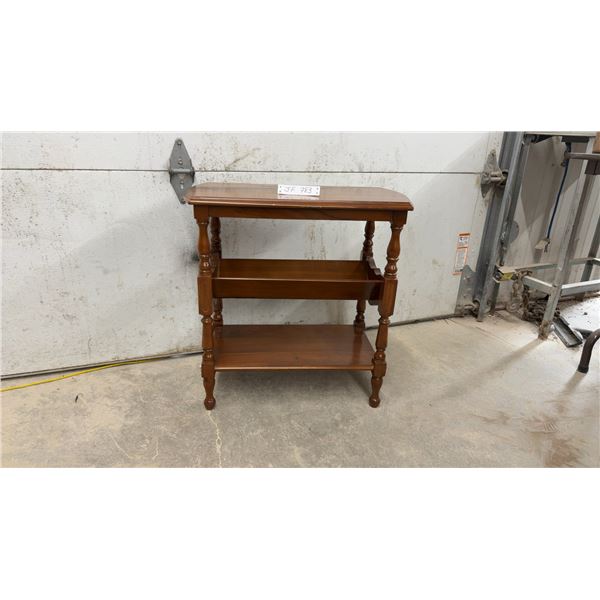 Traditional Three-Tier Wooden Side Table with Magazine Rack and Turned Legs, 24 × 24 × 13”