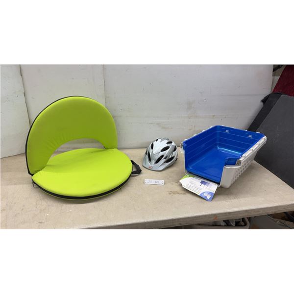 Green Foldable Stadium Seat, Bell Bicycle Helmet, Van Ness Calm Carrier Pet Carrier