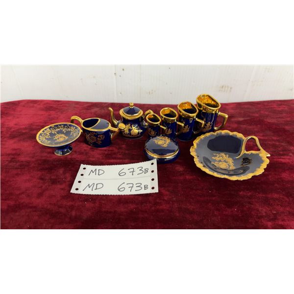 Limoges Porcelain Miniature Tea Set and Trinket Box, Leaf Dish, and Pedestal Dish