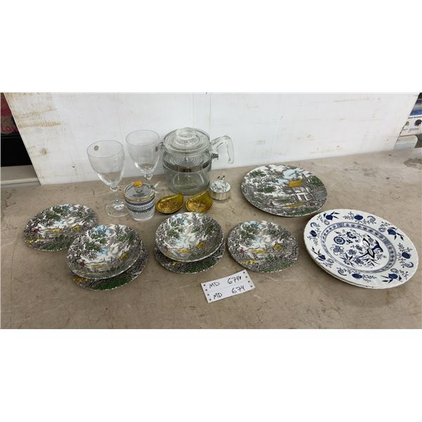 Myott "The Hunter" Dinnerware, Glassware, and Pyrex Perculator