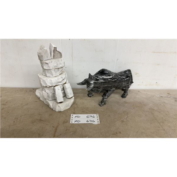 Marble Bull Sculpture and Stacked Stone Cat Sculpture