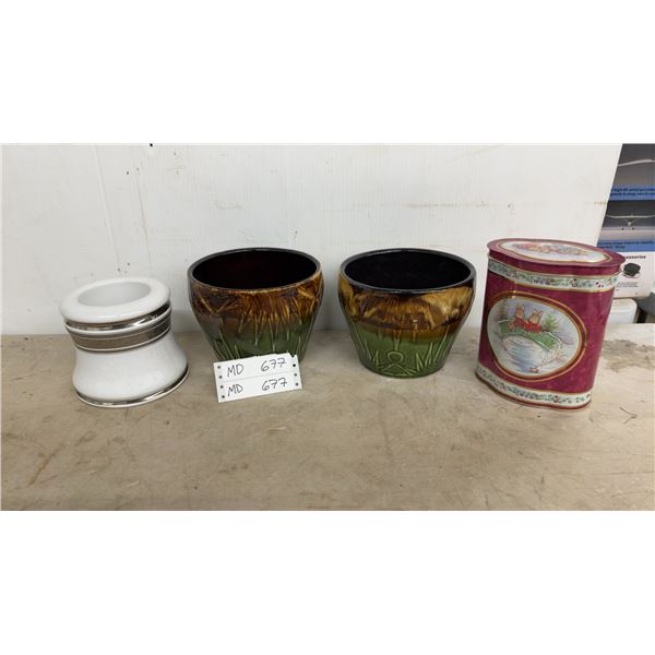 White and Silver Ceramic Holder, 2 Brown and Green Ceramic Planters, and Peter Rabbit Tin