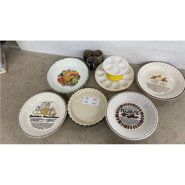 Assorted Bakeware and Pottery: Spaghetti Bowl, Quiche Lorraine, Pecan Pie, Lemon Meringue Pie