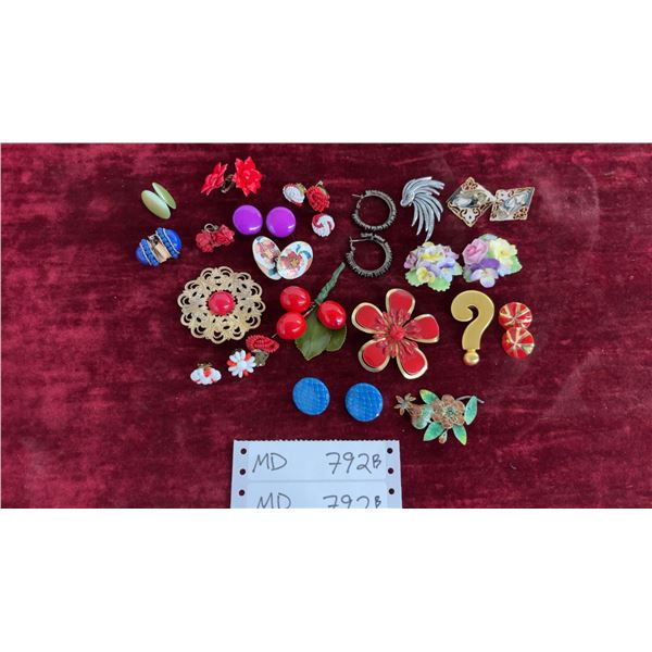 Vintage Brooches, Earrings, and Pins: Red Flower, Gold Question Mark, Blue Oval