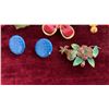 Image 2 : Vintage Brooches, Earrings, and Pins: Red Flower, Gold Question Mark, Blue Oval
