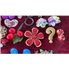 Image 3 : Vintage Brooches, Earrings, and Pins: Red Flower, Gold Question Mark, Blue Oval