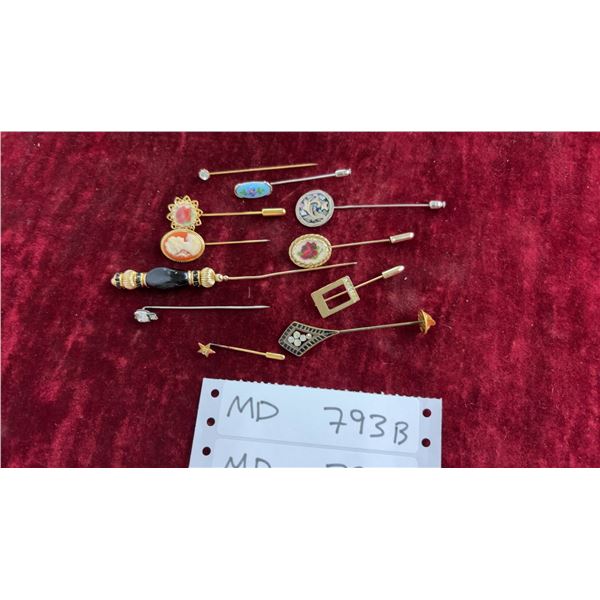 Collection of 14 Stick Pins: Cameo, Enamel, Rhinestone - One is Sterling!
