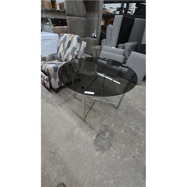 Round Glass Top and Chrome Base Coffee Table, 29” High × 42” Diameter