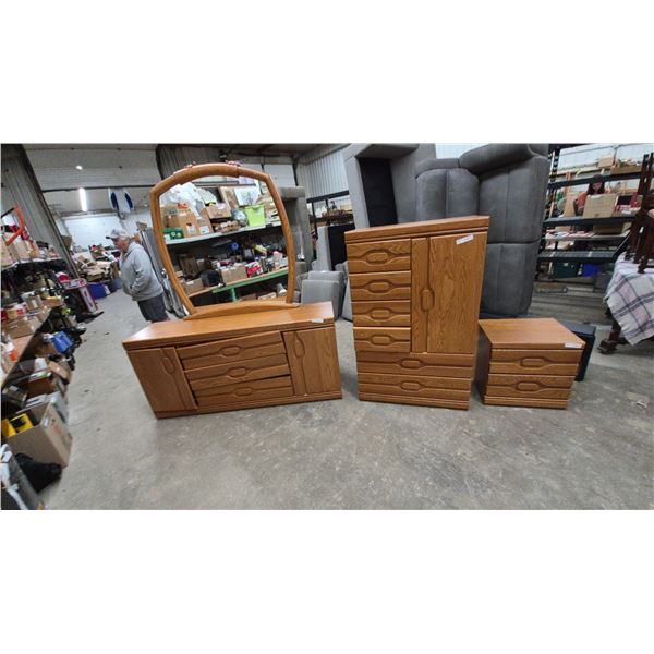Oak Dresser with Mirror, Tall Chest of Drawers, and Nightstand