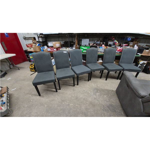Six Dark Gray Upholstered Dining Chairs with Nailhead Trim