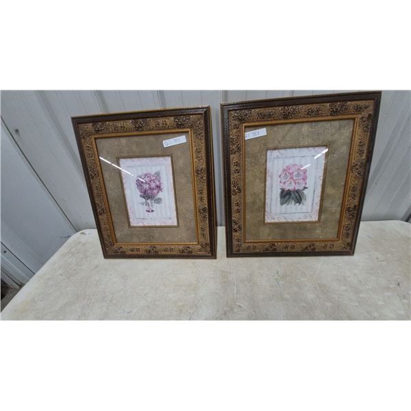 Pair of Framed Floral Prints, Each with Ornate Gold and Brown Frame, 21”×24”