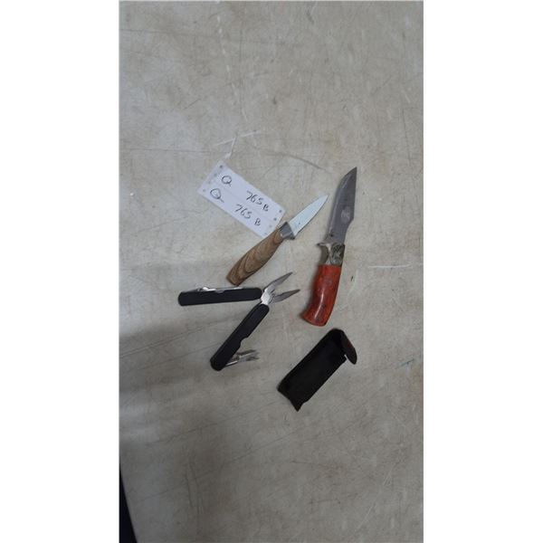 Assorted Knives and Multi-Tool: Fixed Blade Knife, Wood Handle Knife, Multi-Tool and Sheath